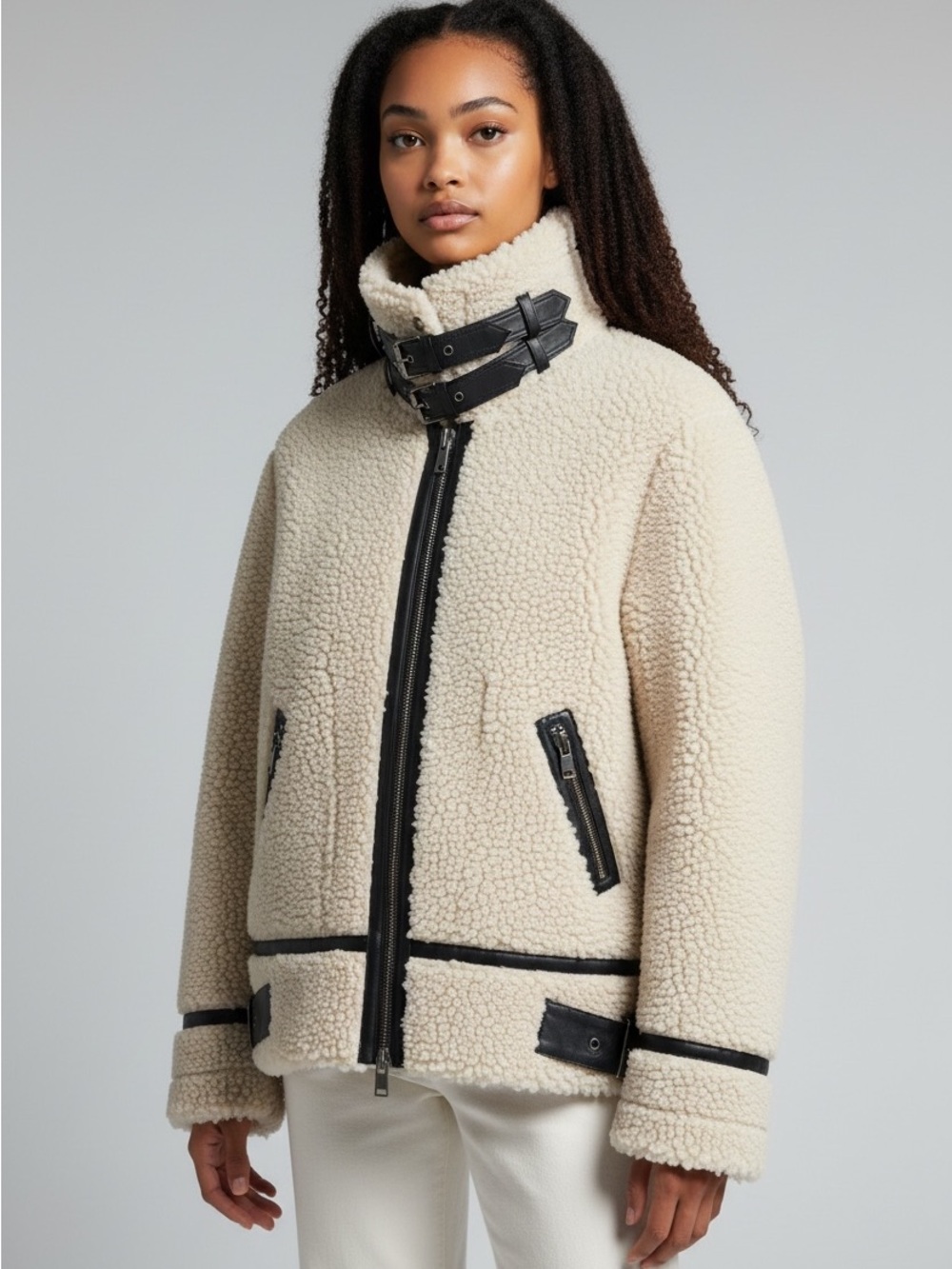 ZARA women's Cream Sherpa Biker Jacket with Contrast Trim size xs